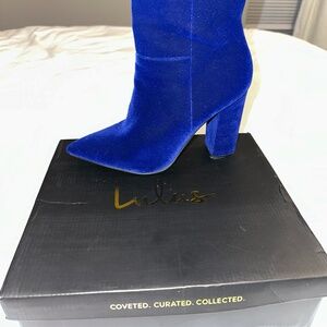 Dawson Blue Velvet Pointed-Toe Mid Calf Boots